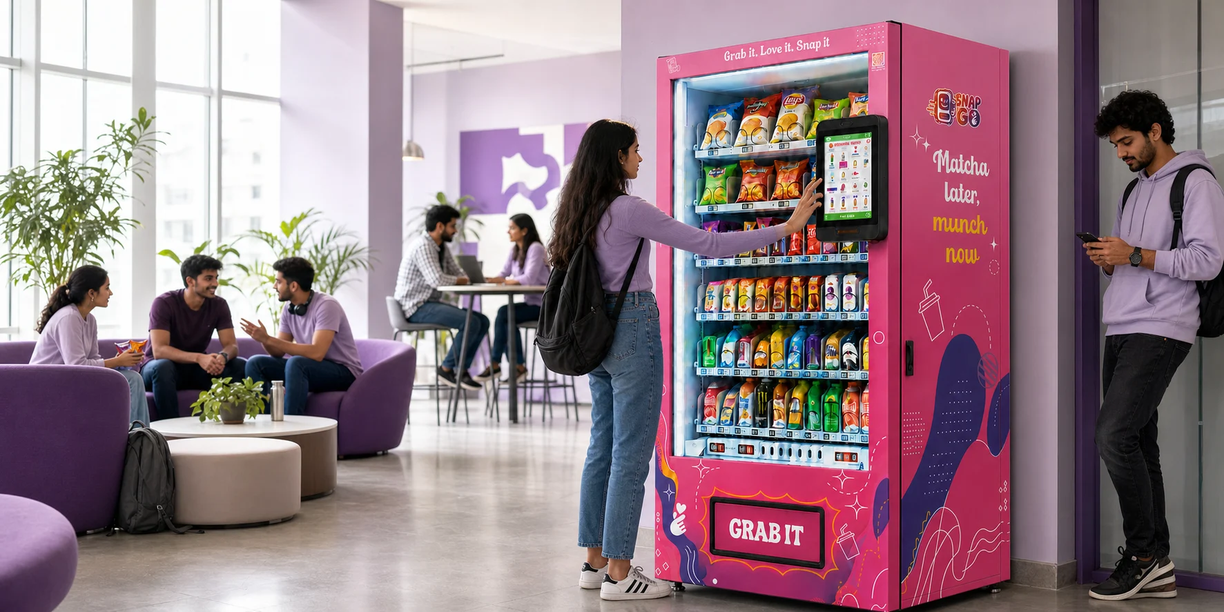 SnapGo vending machine shown in a campus common area